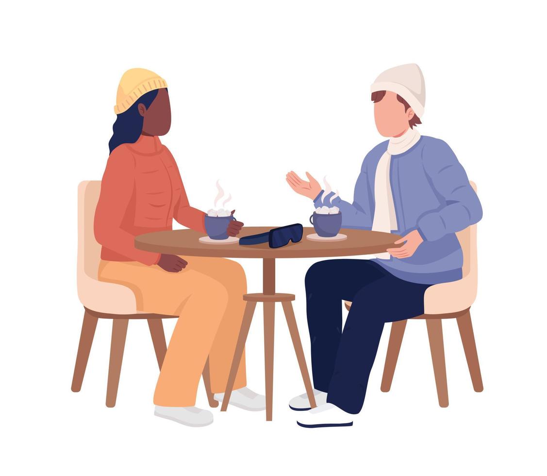 Couple at ski resort drinking hot beverages semi flat color vector characters. Editable figures. Full body people on white. Simple cartoon style illustration for web graphic design and animation