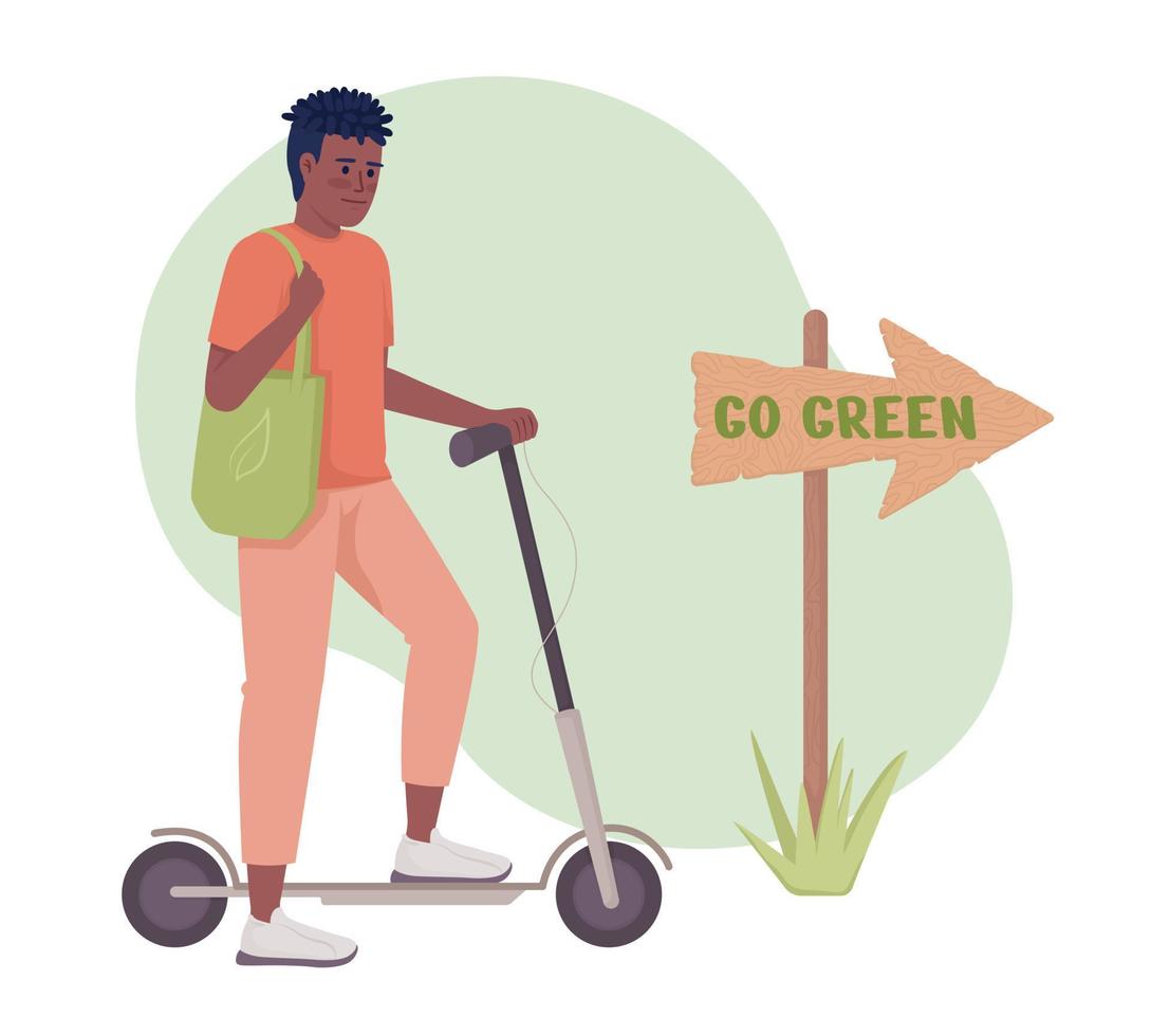 Man with electric scooter 2D vector isolated illustration. Nature care flat character on cartoon background. Colourful editable scene for mobile, website, presentation