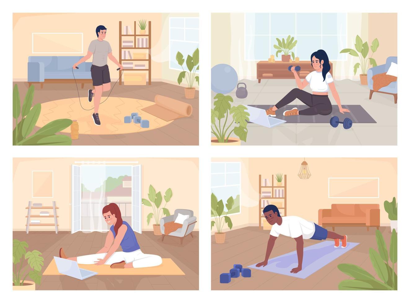 ejercicio deportivo para una vida sana conjunto de ilustraciones de vectores de color plano. actividad atlética en casa. entrenamiento complejo. paquete de personajes de dibujos animados simples en 2d completamente editable con salas de estar en el fondo