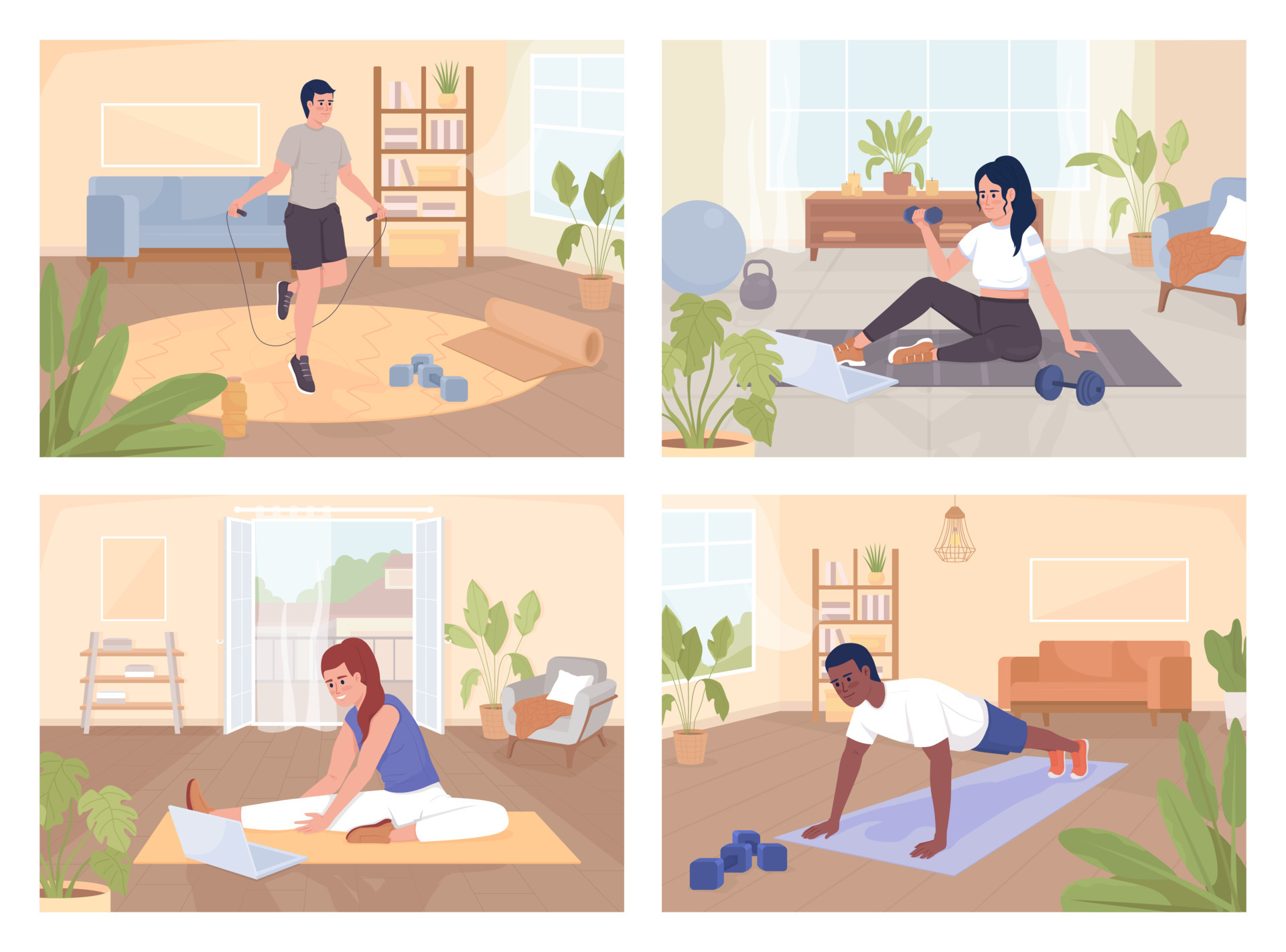 Sports exercising for healthy life flat color vector illustrations set.  Athletic activity at home. Complex workout. Fully editable 2D simple  cartoon characters pack with living rooms on background 15317764 Vector Art  at
