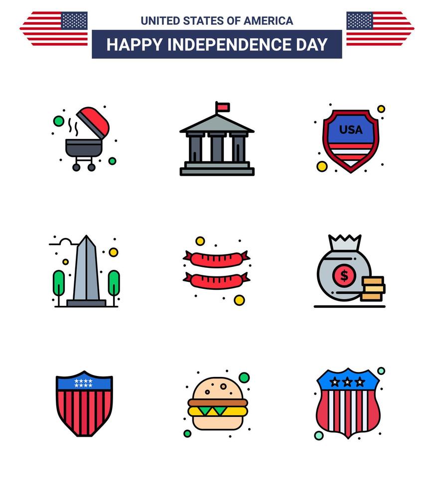 Happy Independence Day USA Pack of 9 Creative Flat Filled Lines of frankfurter washington shield usa monument Editable USA Day Vector Design Elements