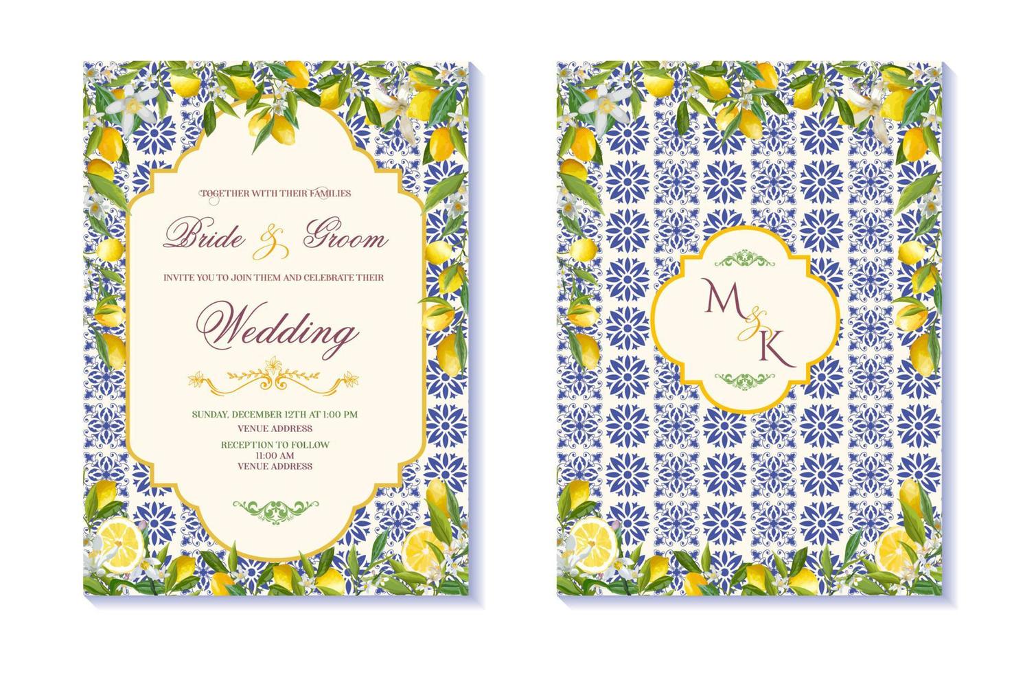 invitación de boda italiana con limones y azulejos de cerámica, plantilla de invitación de boda inspirada en la costa de amalfi, estilo mediterráneo de italia vector