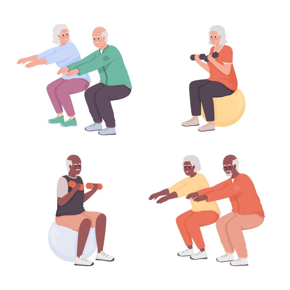 Exercising for elderly semi flat color vector characters set