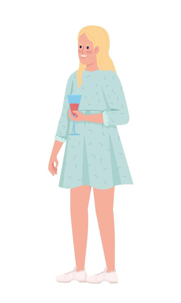 Pleased blond girl drinking sparkling beverage semi flat color vector character