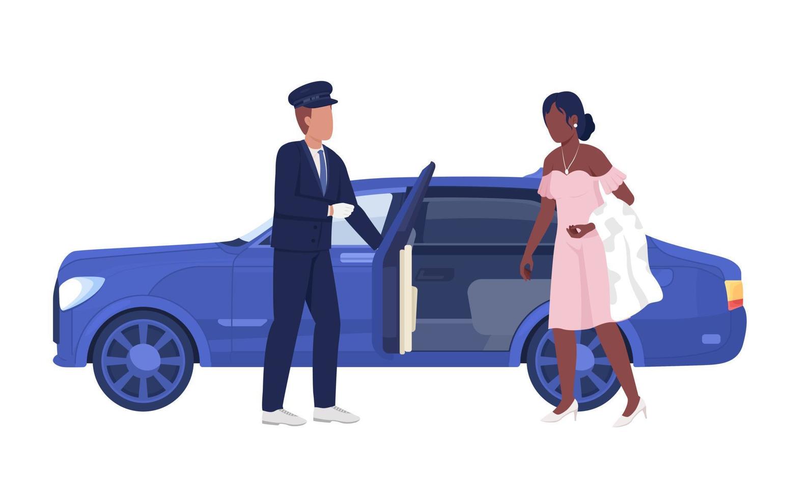 Personal chauffeur and lady in luxury dress semi flat color vector characters