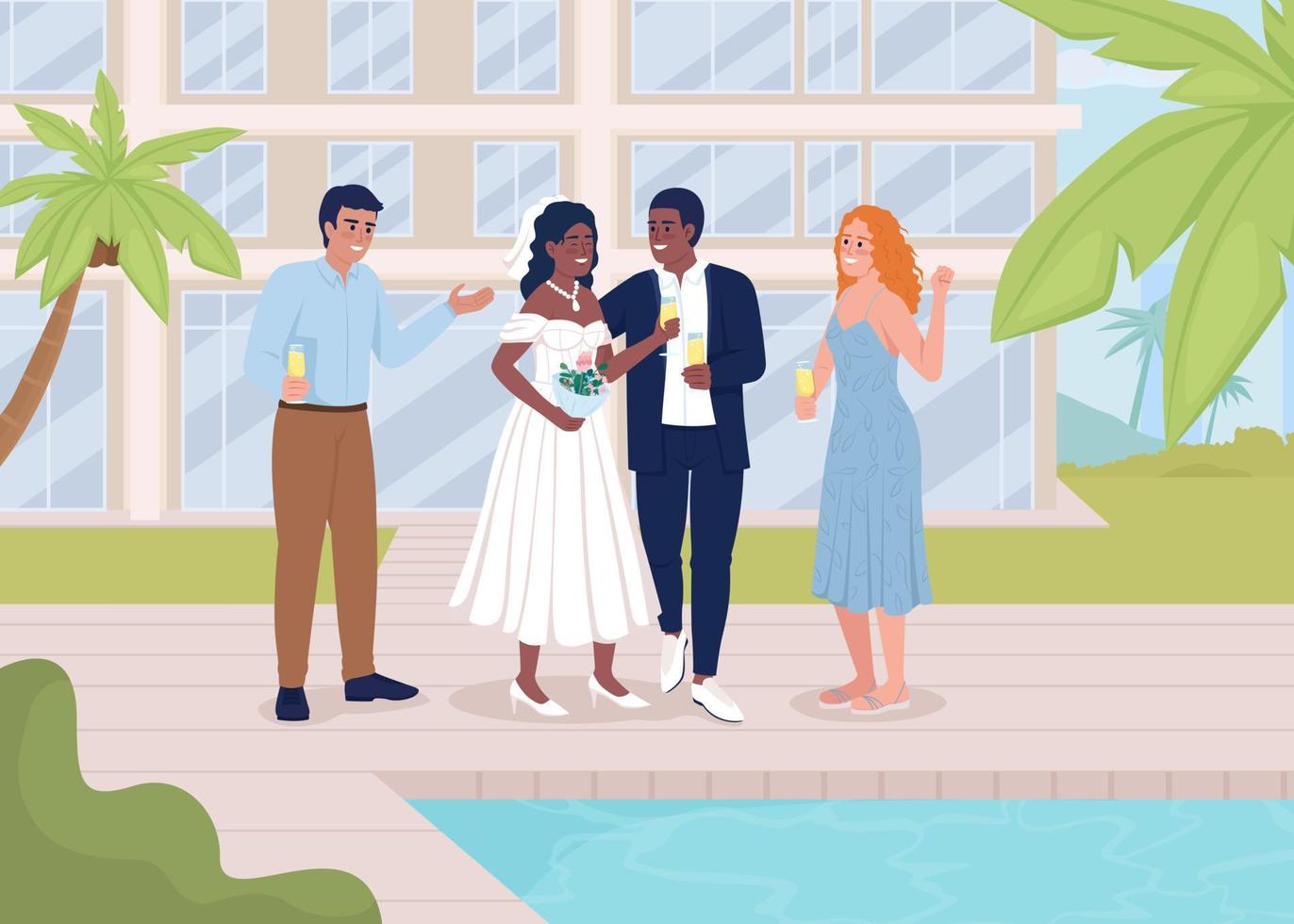 celebrando la fiesta de bodas en un resort tropical con amigos ilustración de vector de color plano