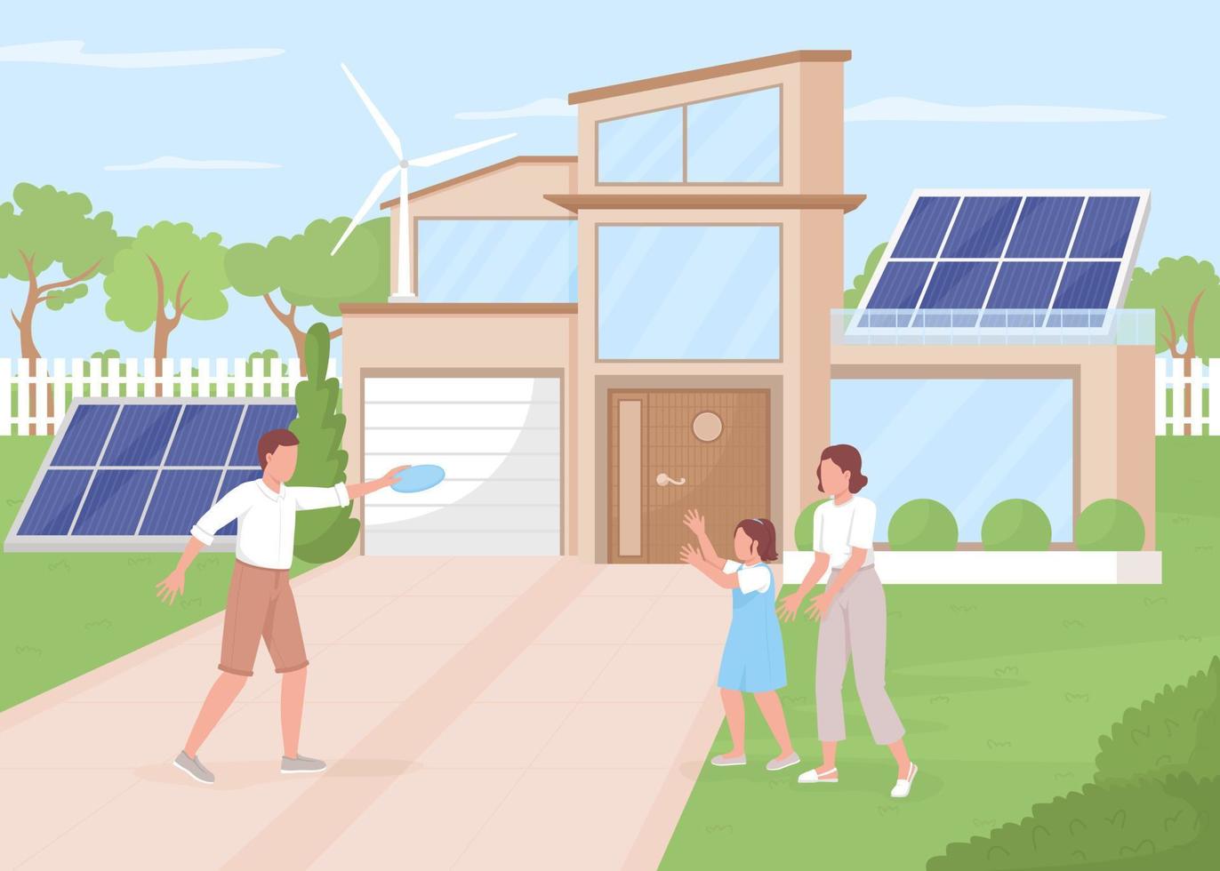 familia en eco house yard ilustración de vector de color plano