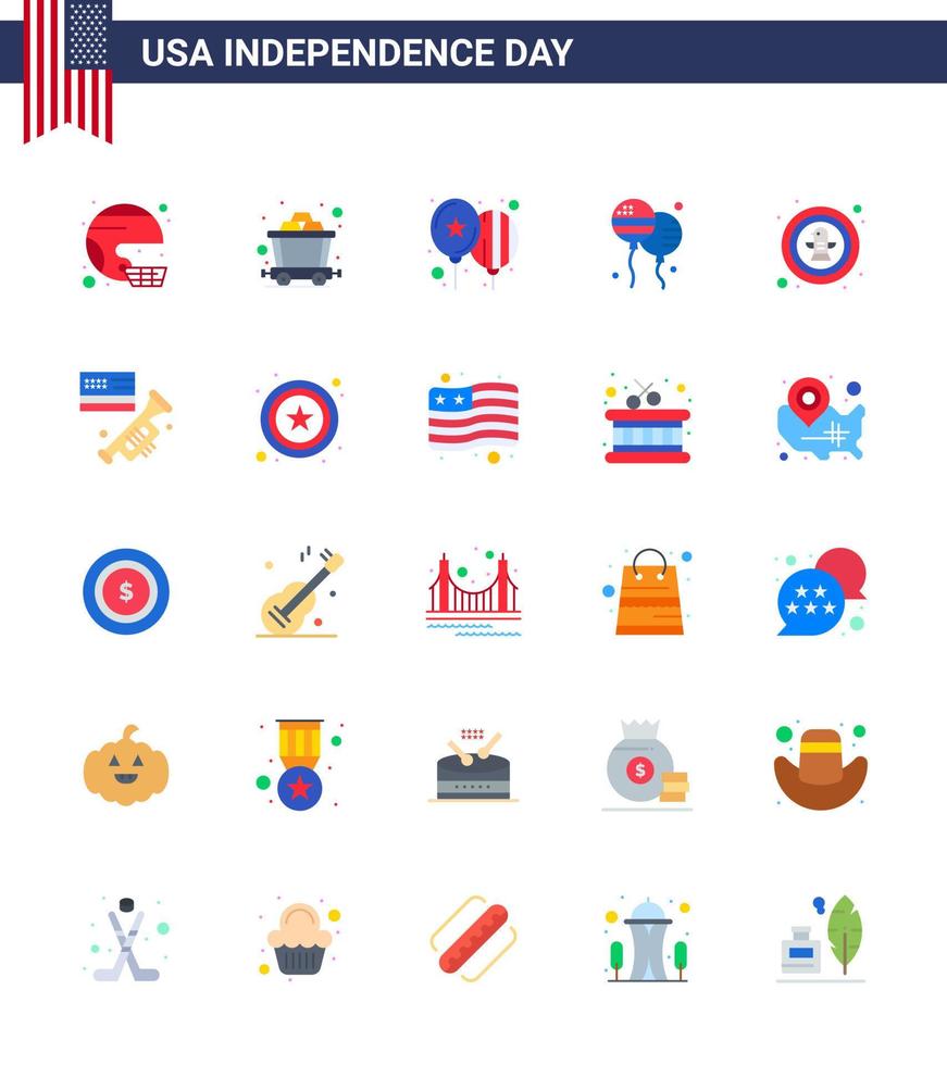 Pack of 25 USA Independence Day Celebration Flats Signs and 4th July Symbols such as american fly rail bloons party Editable USA Day Vector Design Elements