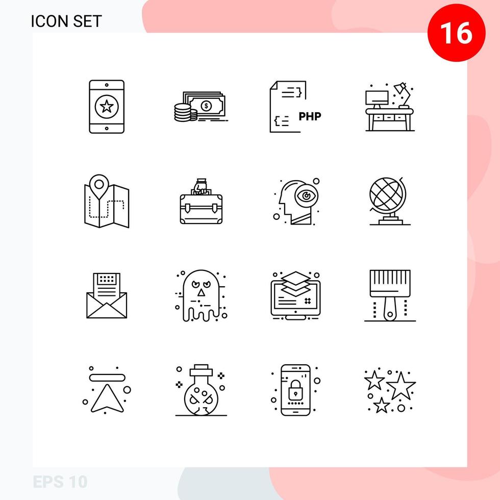 Pictogram Set of 16 Simple Outlines of desk living money home document Editable Vector Design Elements