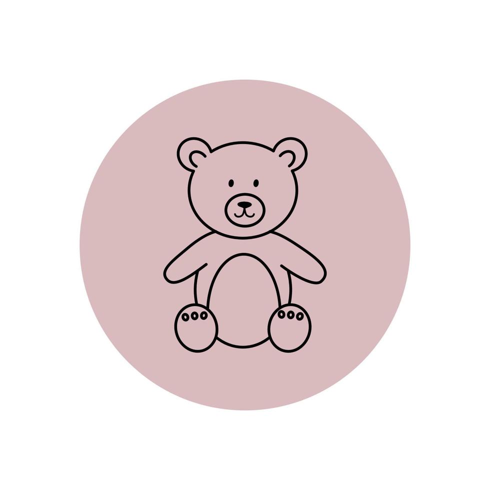 Cute teddy bear toy pink sticker. Simple vector illustration in style outline on a pink background.