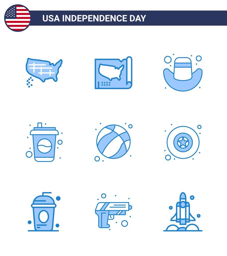 Big Pack of 9 USA Happy Independence Day USA Vector Blues and Editable Symbols of star badge cola usa ball Editable USA Day Vector Design Elements