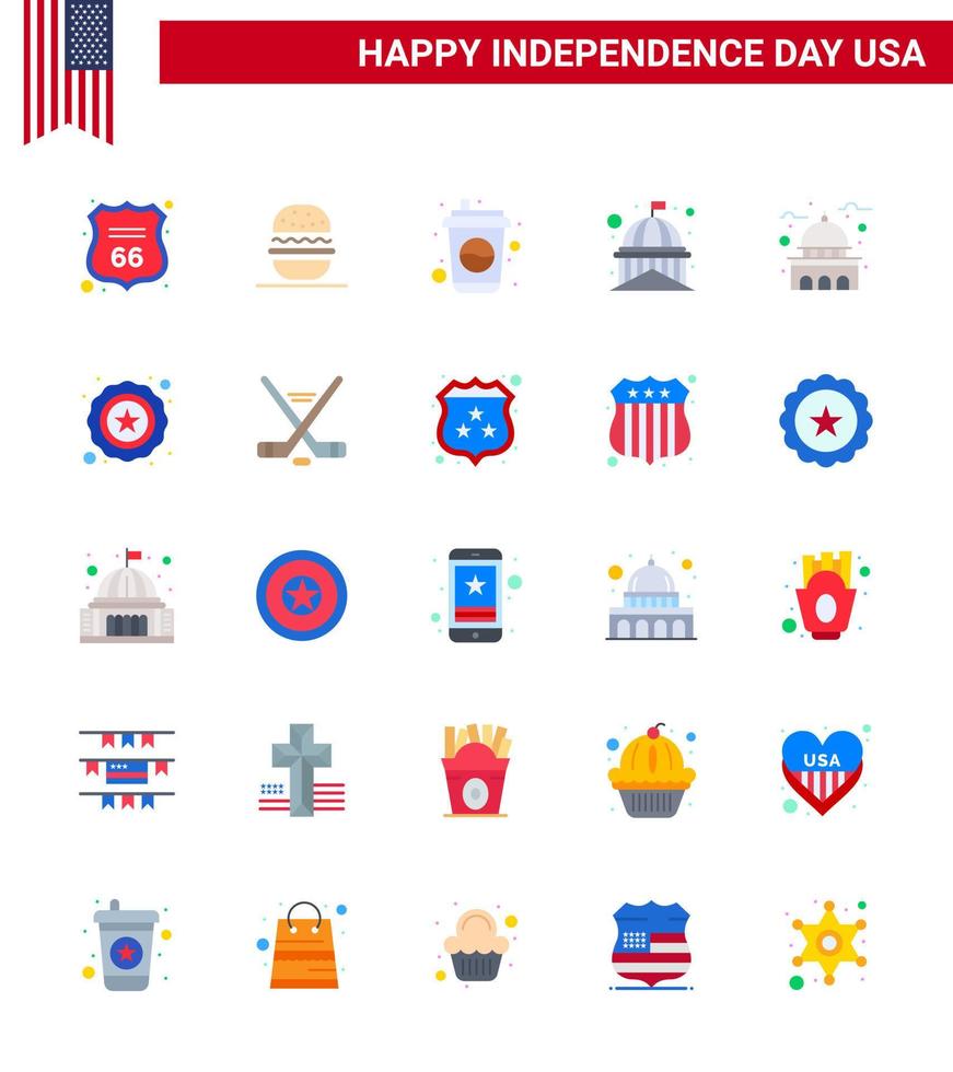 conjunto de 25 pisos vectoriales el 4 de julio, día de la independencia de estados unidos, como la policía de estados unidos, edificio emblemático de la botella, elementos de diseño vectorial editables del día de estados unidos vector