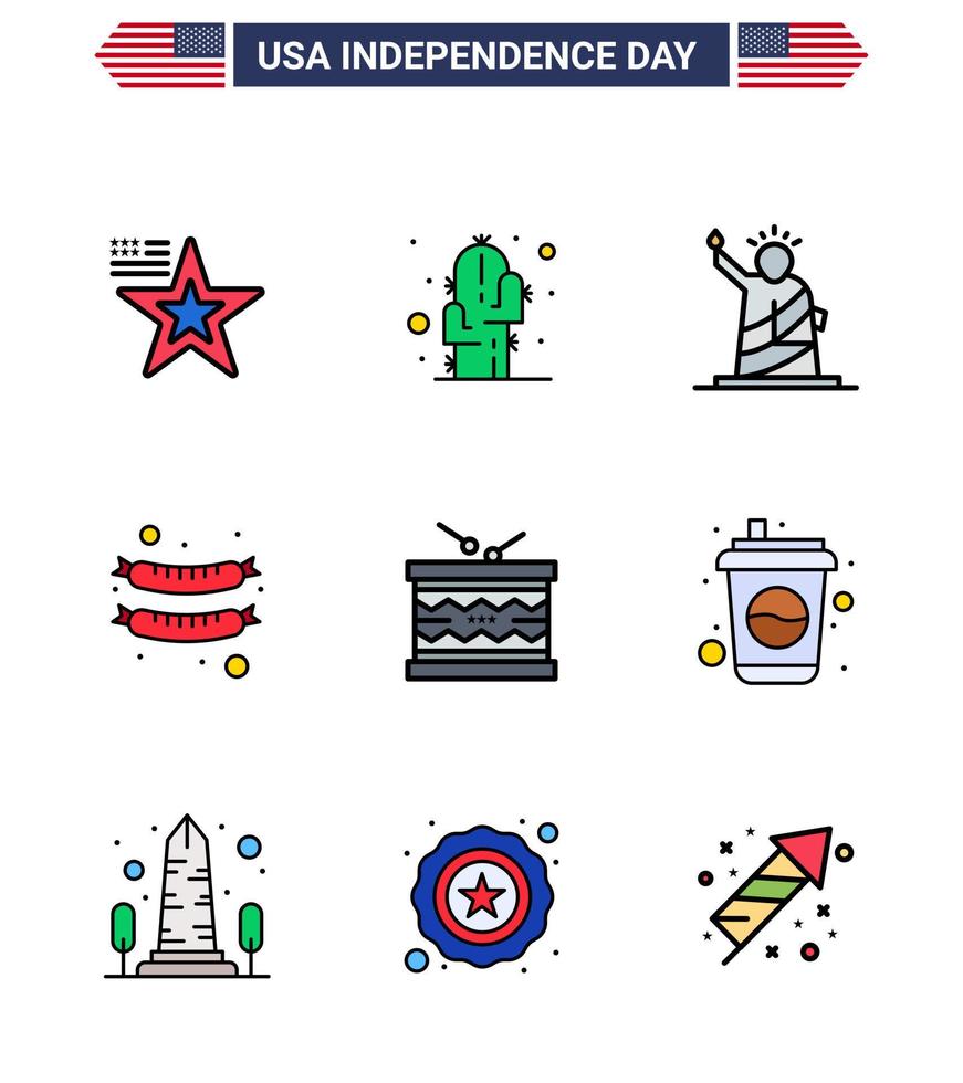 Group of 9 Flat Filled Lines Set for Independence day of United States of America such as instrument sausage landmarks frankfurter usa Editable USA Day Vector Design Elements