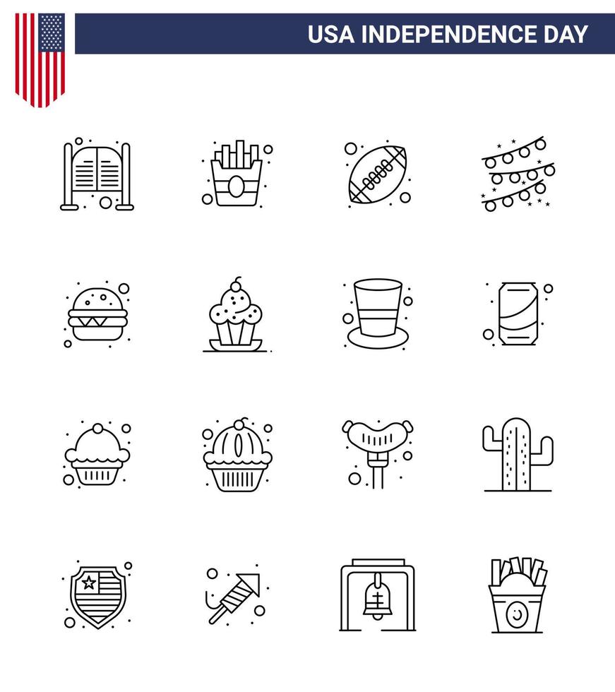 16 Line Signs for USA Independence Day meal burger ball party bulb buntings Editable USA Day Vector Design Elements