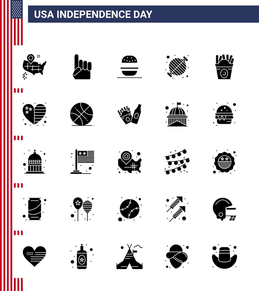 paquete de 25 creativos glifos sólidos relacionados con el día de la independencia de estados unidos de la fiesta de comida rápida comer parrilla barbacoa elementos de diseño vectorial editables del día de estados unidos vector