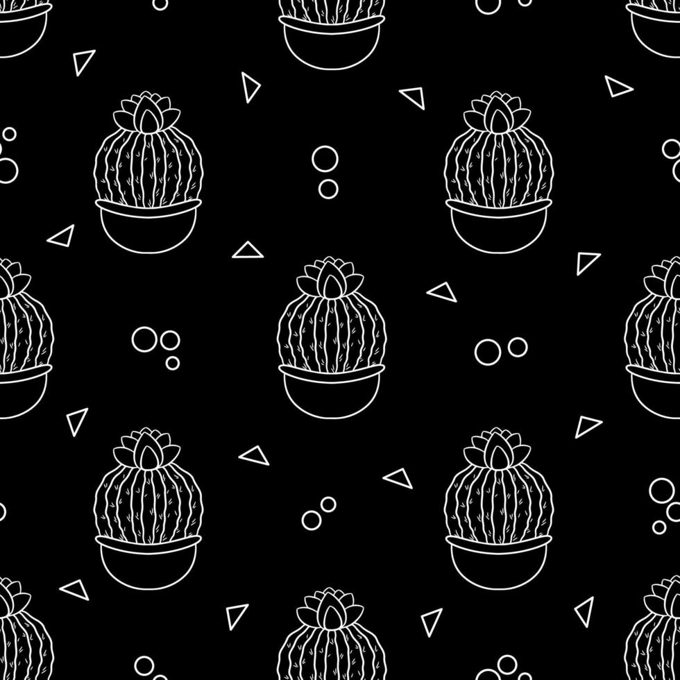 Seamless pattern with cute hand-drawn cacti black background. vector