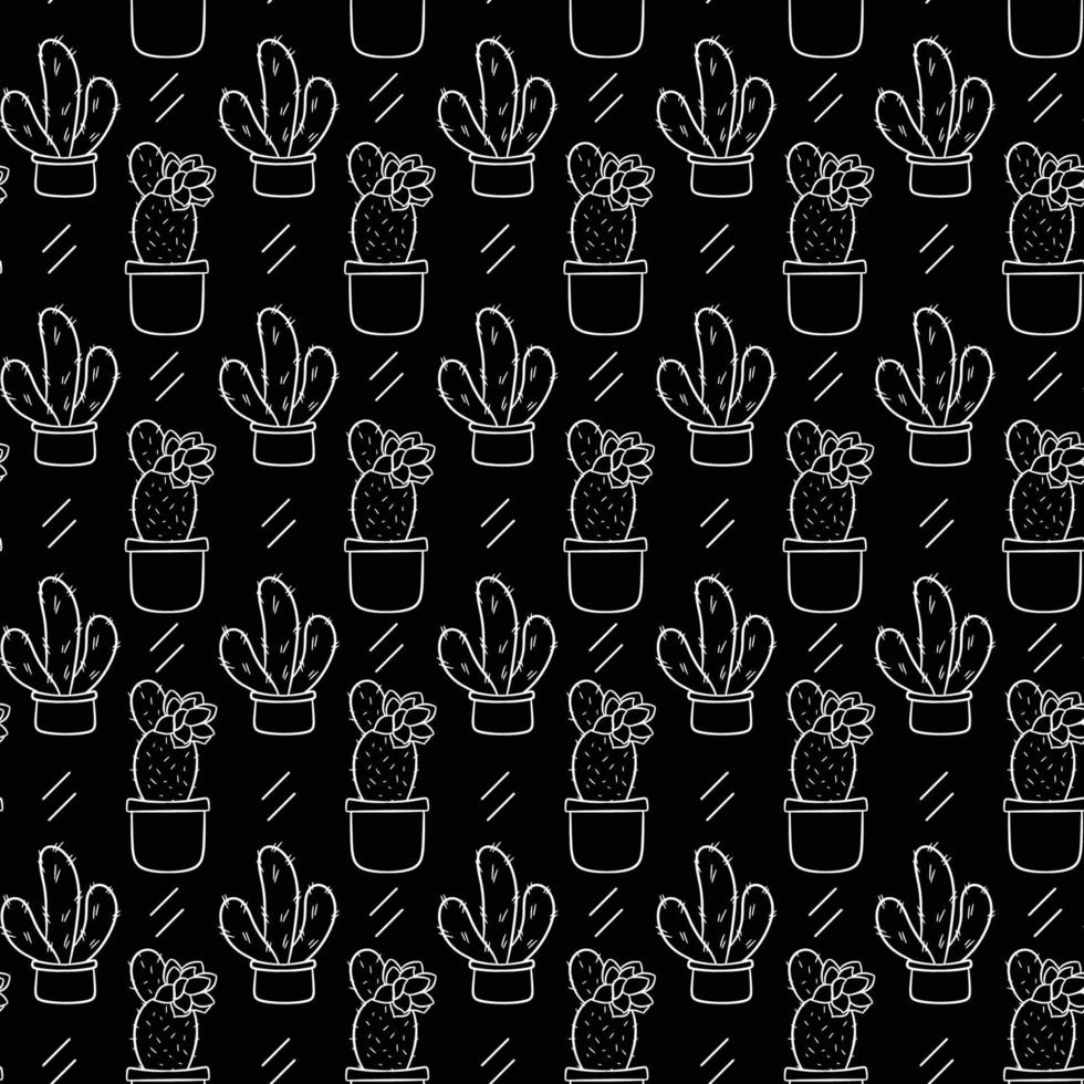 Seamless pattern with cute hand-drawn cacti black background. vector