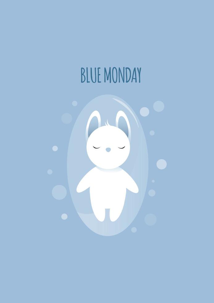 Cute sad white rabbit in a transparent capsule on a blue monday day vector