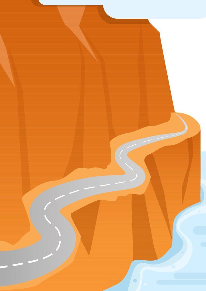 One road goes along the orange mountain below blue water vector