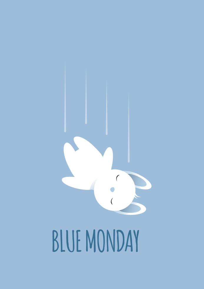 Sad cute white rabbit with closed eyes in depression falls into blue monday inscription vector