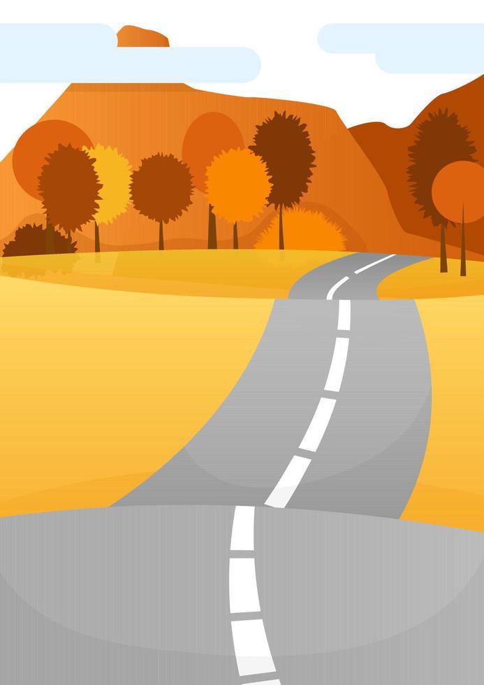 Gray roadway in the center of an orange field and forest and mountains in the distance vector