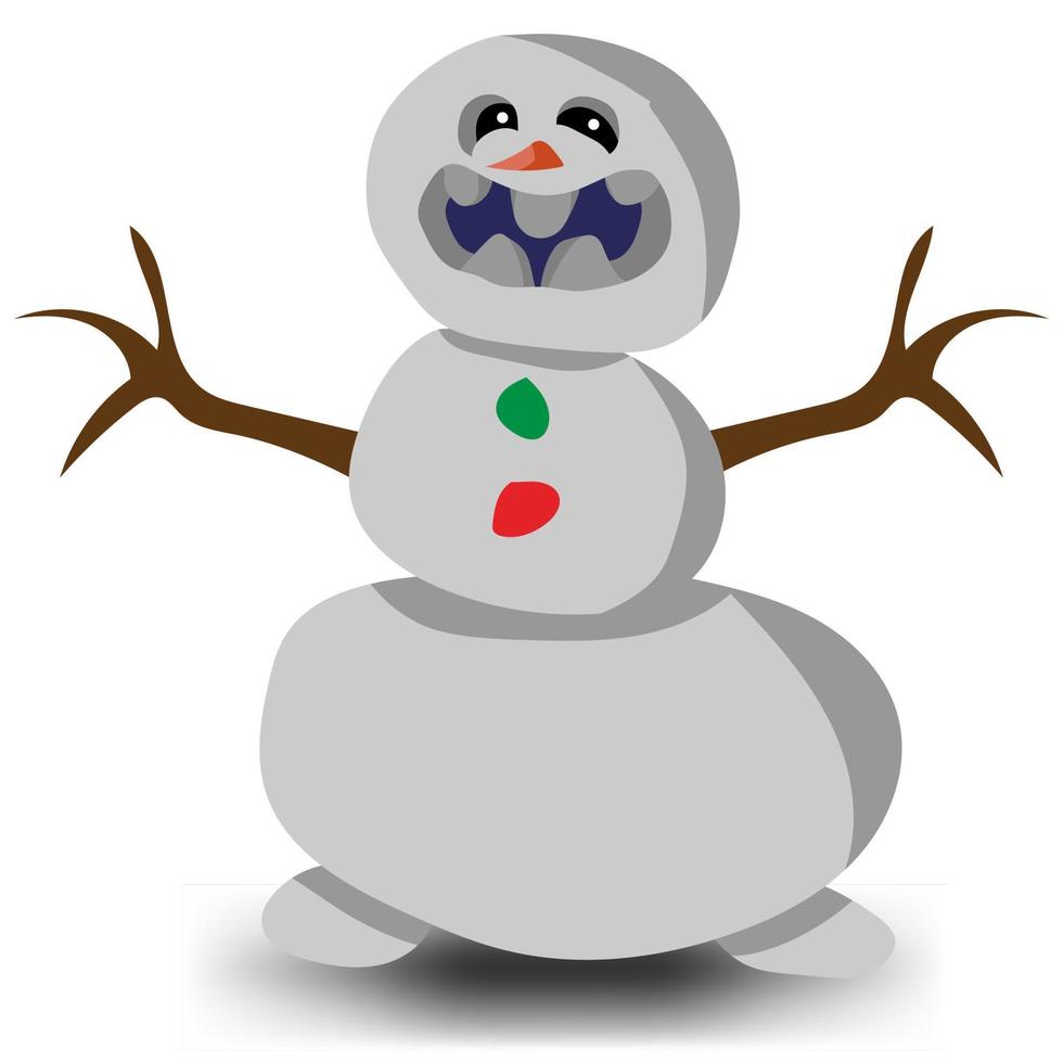 Cheerful snowman smiles with colorful buttons and bright teeth. Vector illustration. hands made of wood