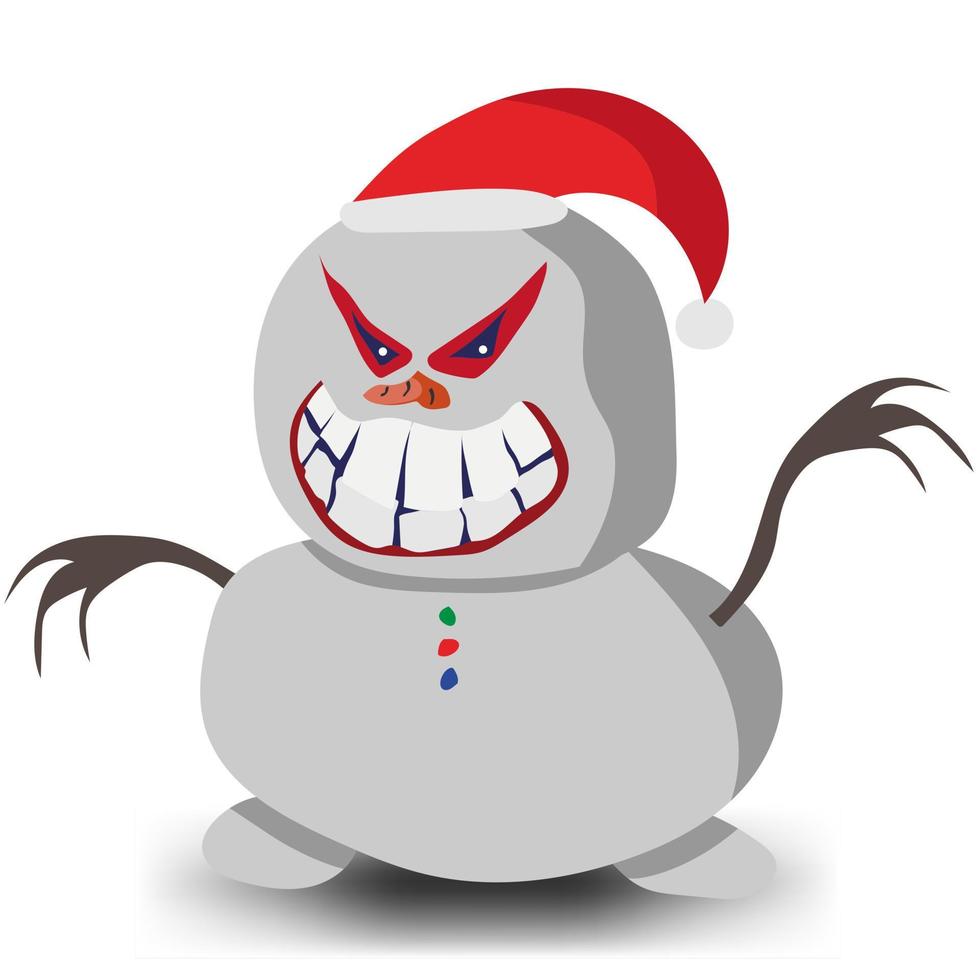 Little chubby angry snowman in a New Year's hat. Scary snowman with short arms. Vector illustration.