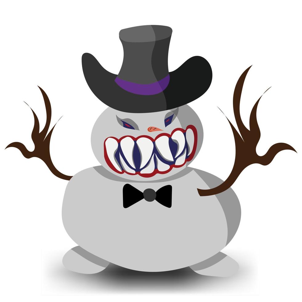 Angry snowman in a hat. A terrible snowman with lollipops. Vector illustration.