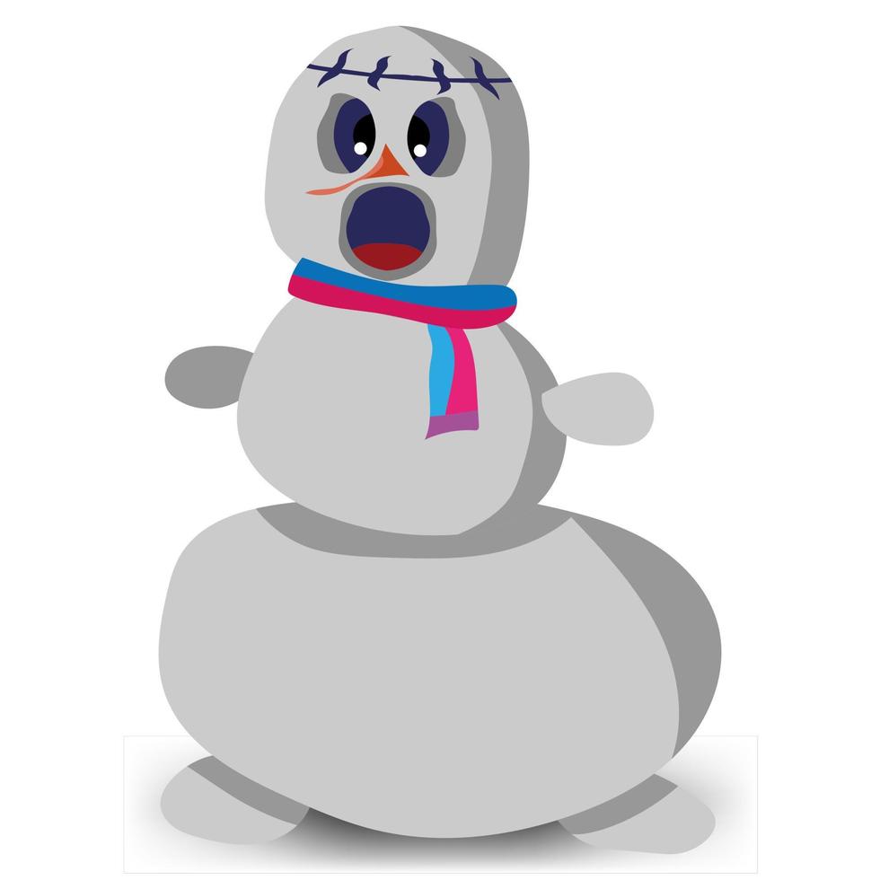 muñeco de nieve asustado en una bufanda. ilustración de vector de cabeza dividida.