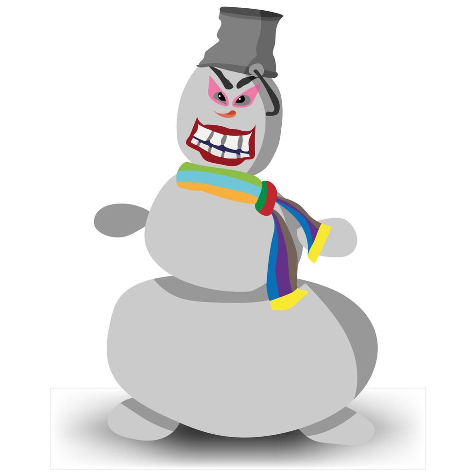 Snowman with a bucket on his head. Bright scarf and round arms. Vector illustration.