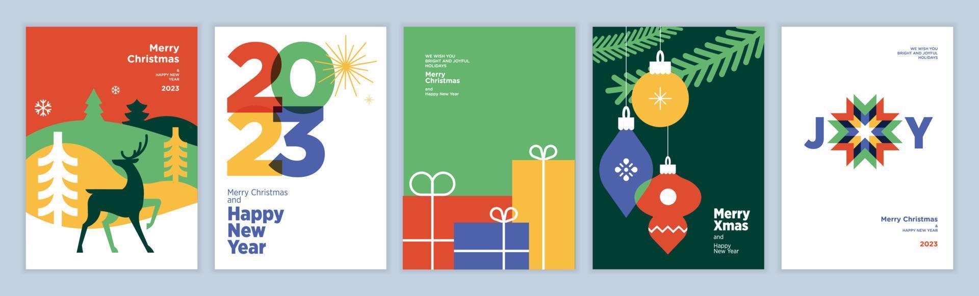 Juego de tarjetas de felicitación de feliz navidad y feliz año nuevo 2023. conceptos de ilustración vectorial para fondo, tarjeta de felicitación, tarjeta de invitación de fiesta, banner de sitio web, banner de medios sociales, material de marketing. vector