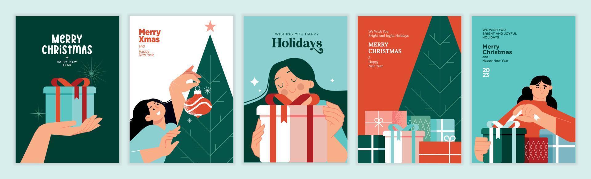 conjunto de tarjetas de felicitación de navidad y año nuevo. conceptos de ilustración vectorial para diseño gráfico y web, banner de redes sociales, material de marketing. vector