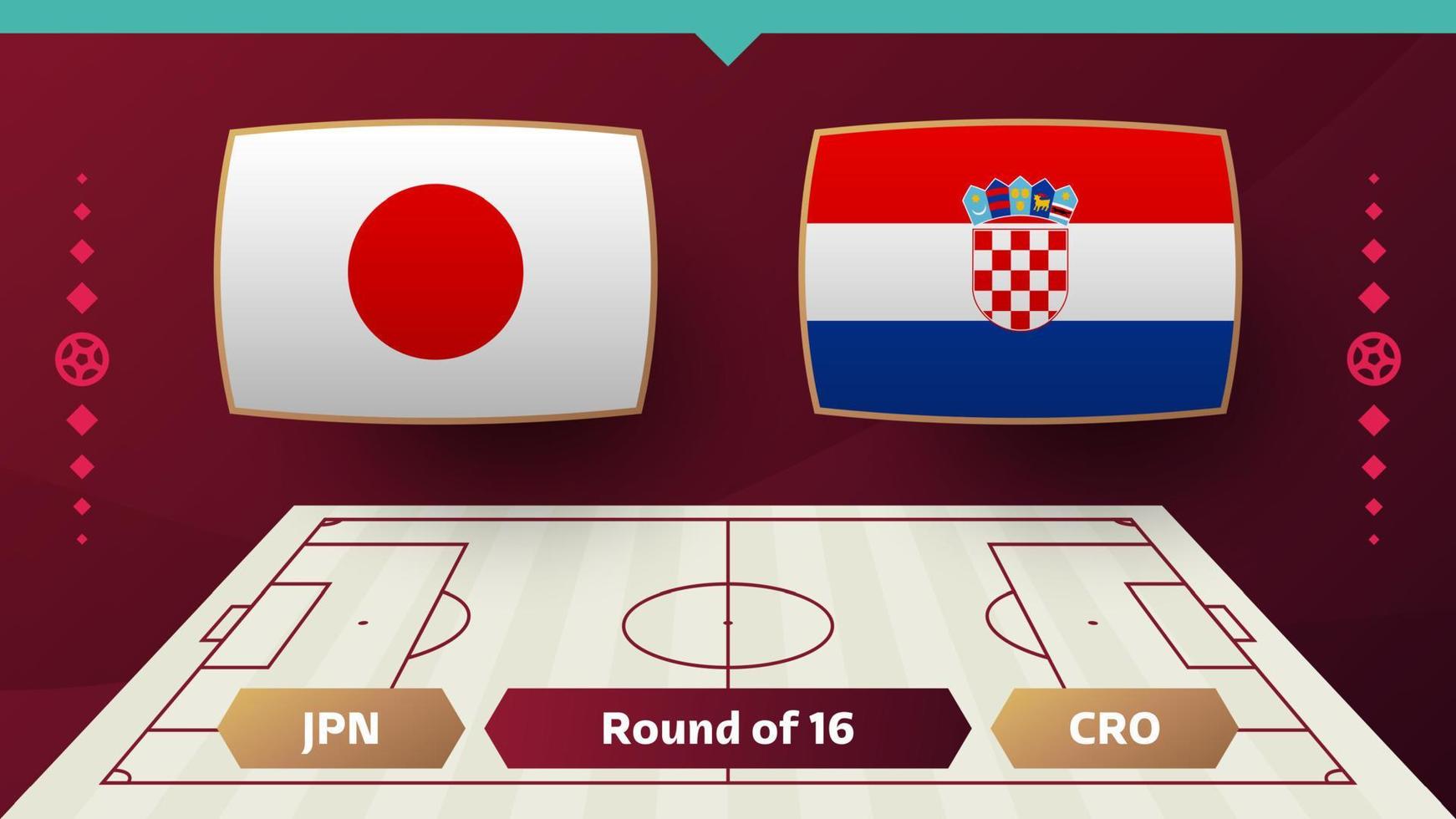japón croacia playoff ronda de 16 partidos de fútbol 2022. 2022 campeonato mundial de fútbol partido contra equipos introducción fondo deportivo, afiche de competición de campeonato, ilustración vectorial vector
