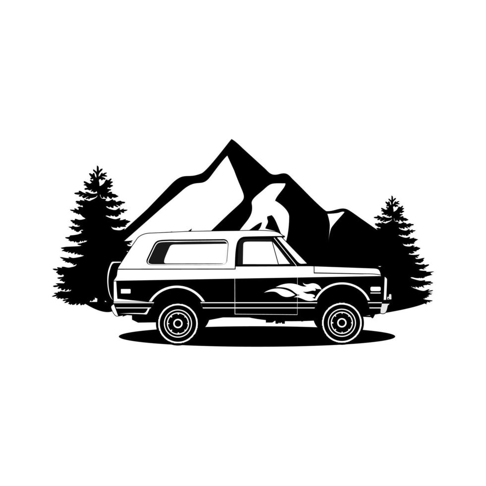coche de aventura con vector de ilustración de montaña de roca.