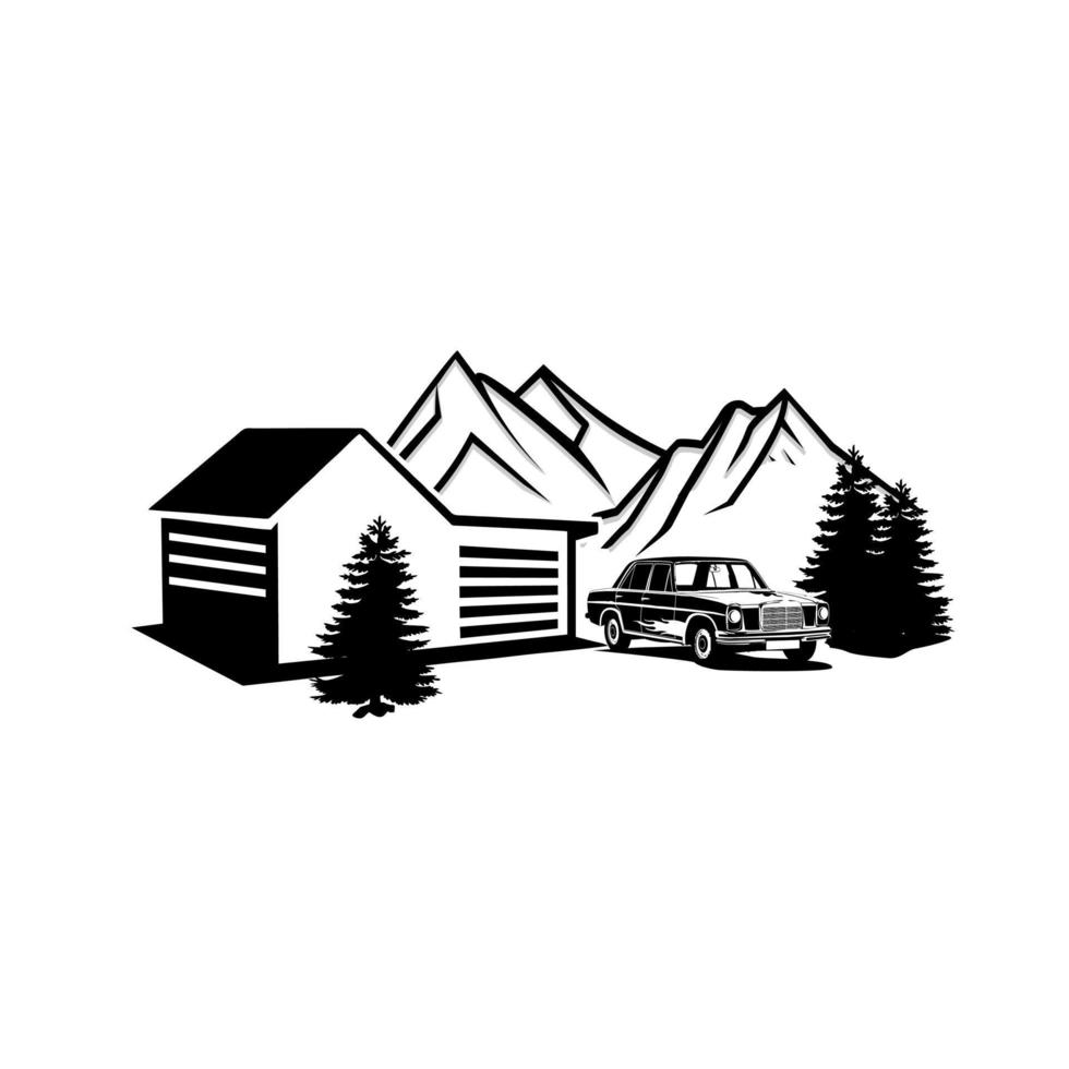 Black and white garage with car illustration vector