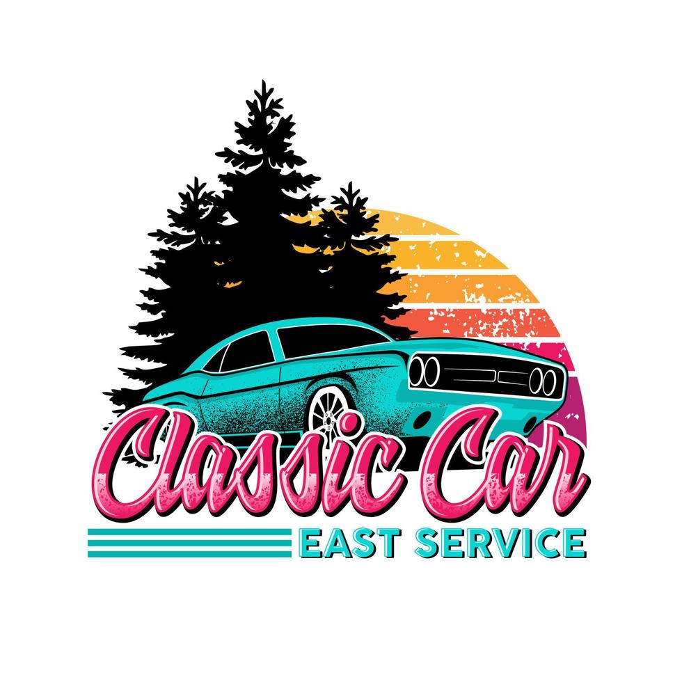Classic car east service inspiration design vector. Vector illustration with the image of an old classic car, design logos, posters, banners, signage.