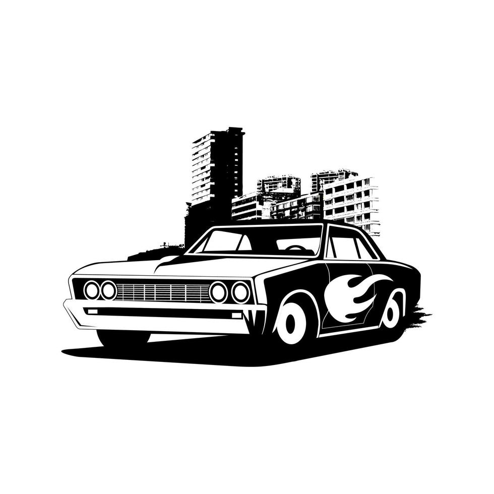 coche clásico con el vector de ilustración del cielo de la ciudad.