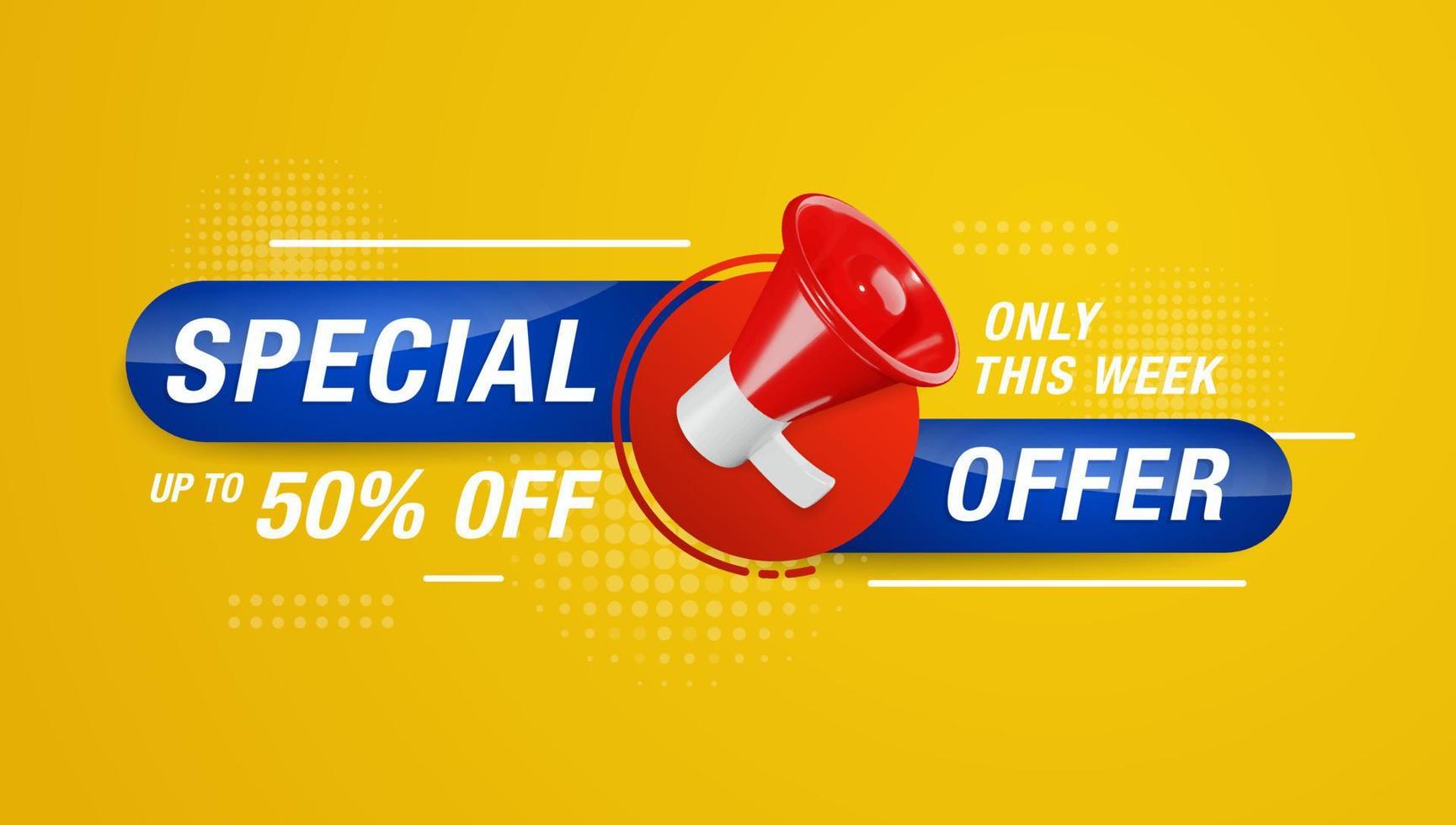 Special offer banner promotion template with 3D megaphone on yellow background. Special deal label design vector