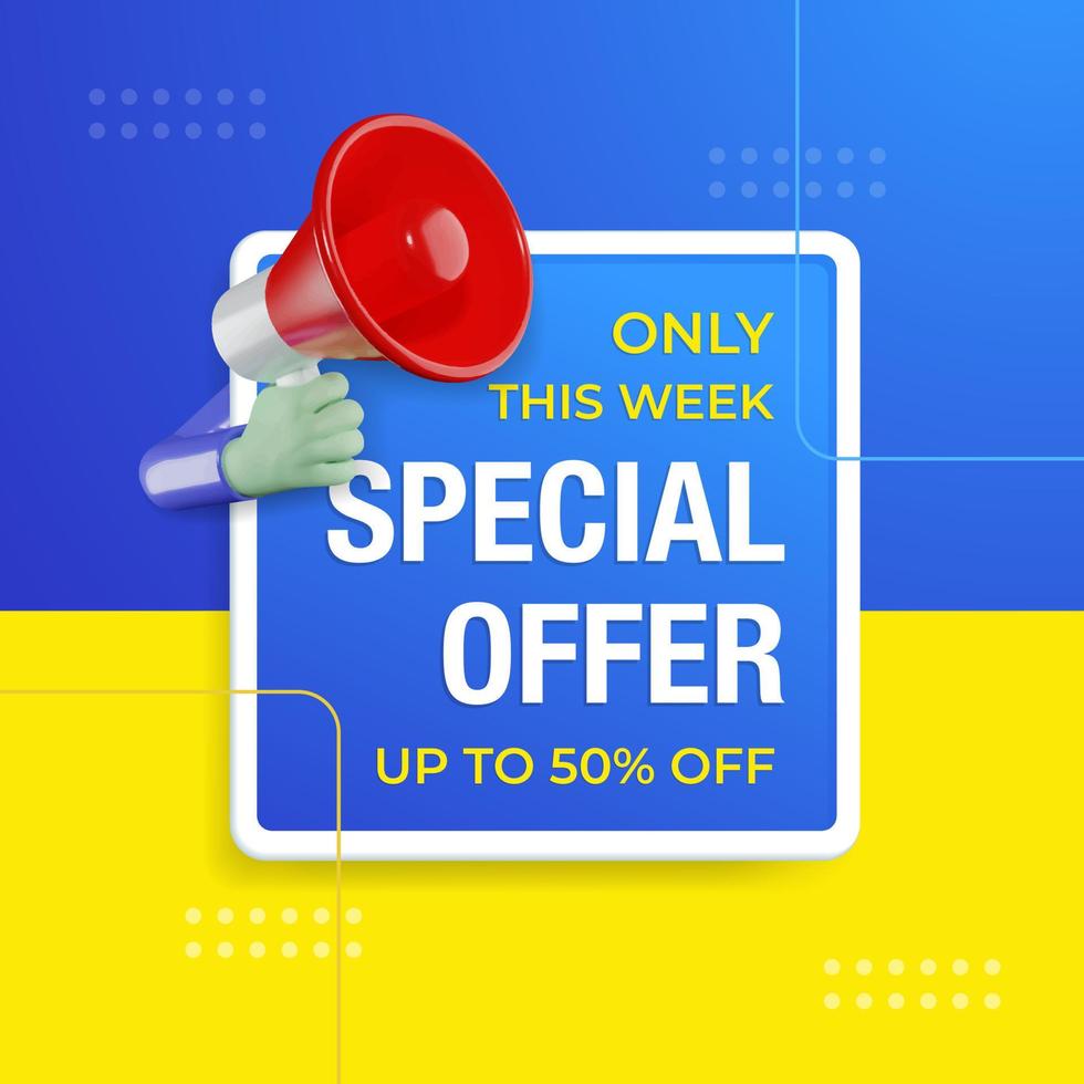 Special offer social media post sale banner promotion with 3D megaphone. Special offer label design vector