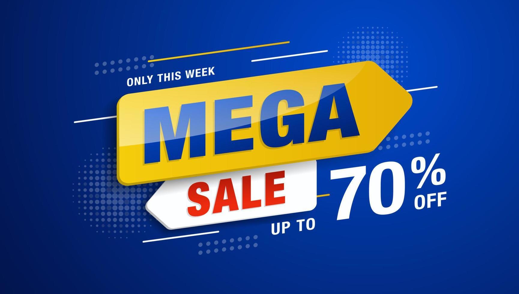 Mega sale banner promotion template with 3D megaphone on blue background. Special deal label design vector