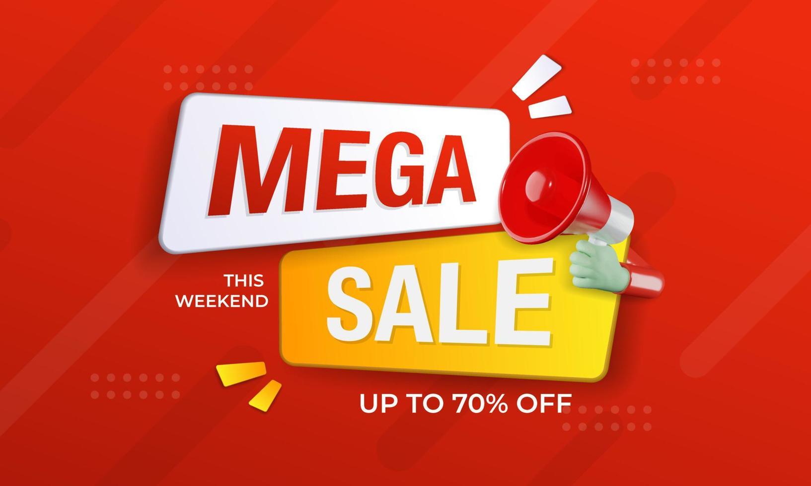 Mega sale banner promotion template with 3D megaphone on red background. Special deal label design vector
