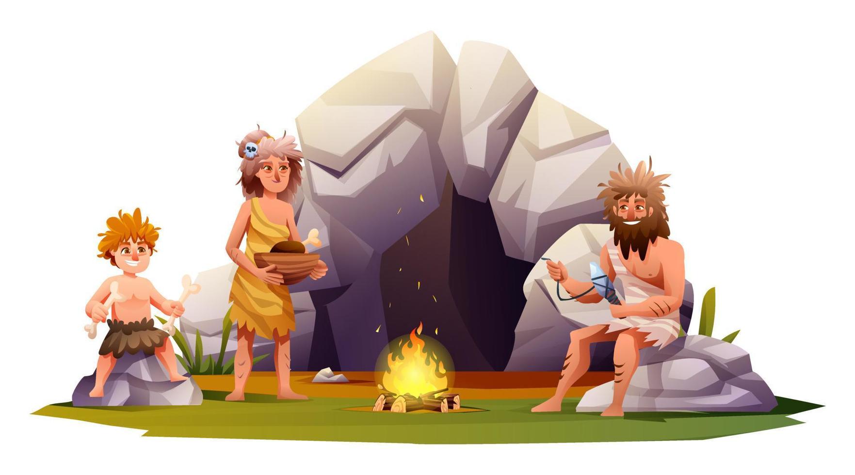 Actividad familiar de hombres de las cavernas de dibujos animados frente a la cueva. ilustración de personas prehistóricas de la edad de piedra vector