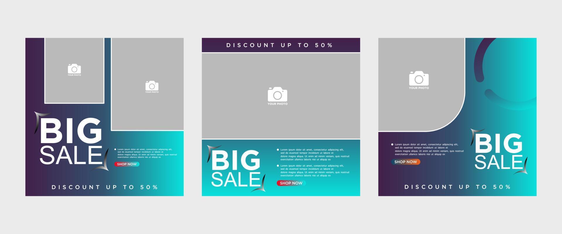 Elegant color gradient fashion social media post banner template set, promotion, discount, big sale vector