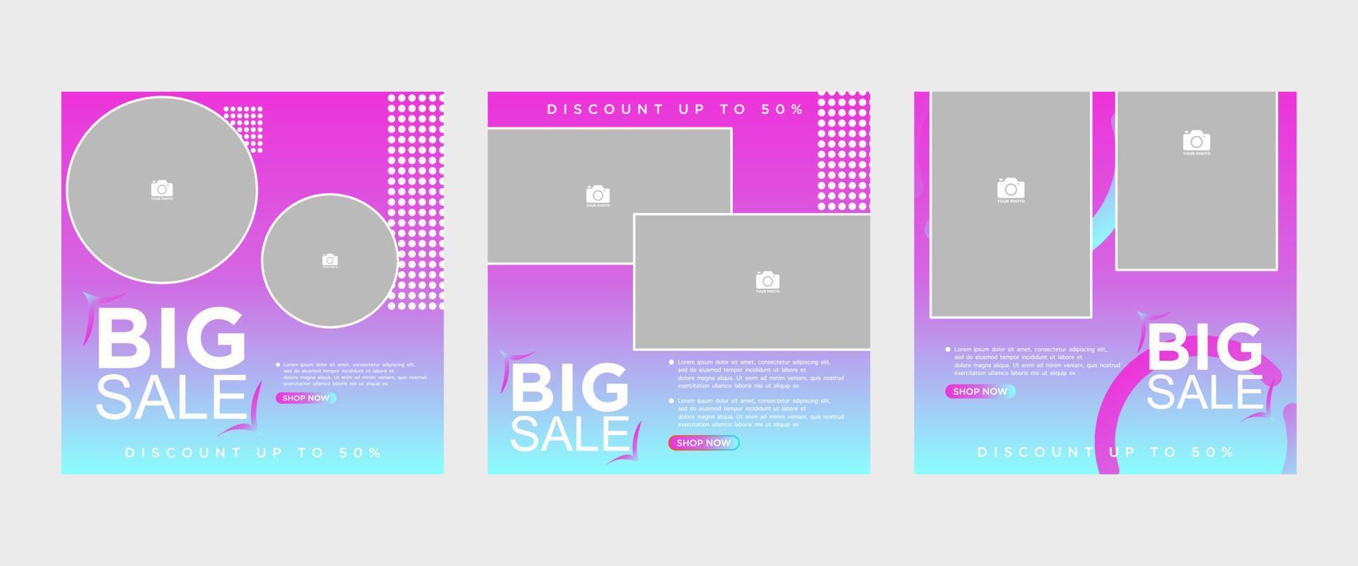 Elegant color gradient fashion social media post banner template set, promotion, discount, big sale vector