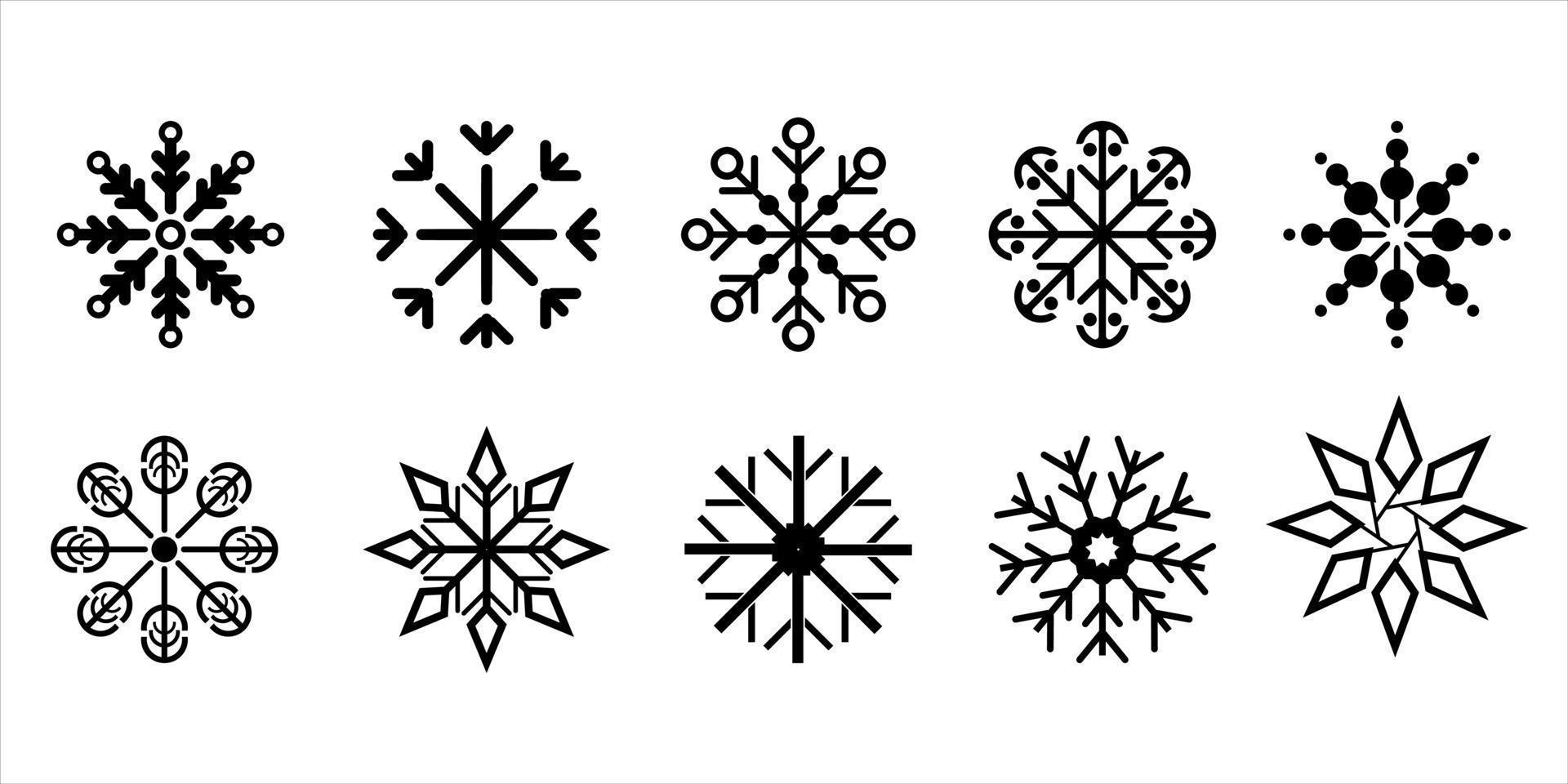 los copos de nieve de invierno establecen nueve iconos de silueta aislados en negro sobre fondo blanco vector