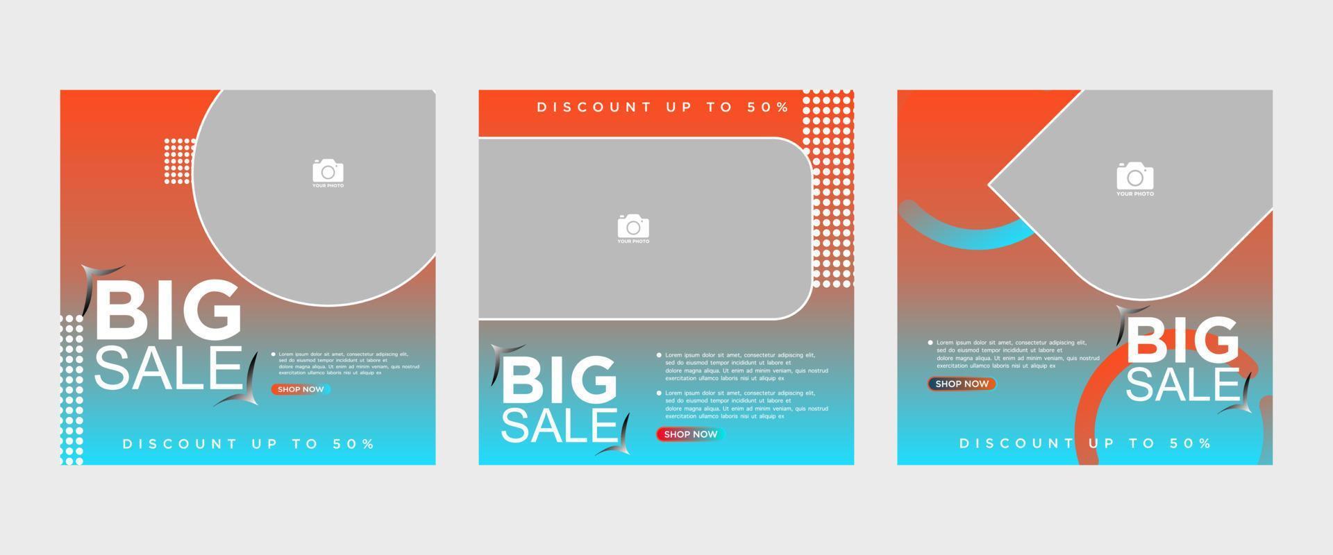 Elegant color gradient fashion social media post banner template set, promotion, discount, big sale vector