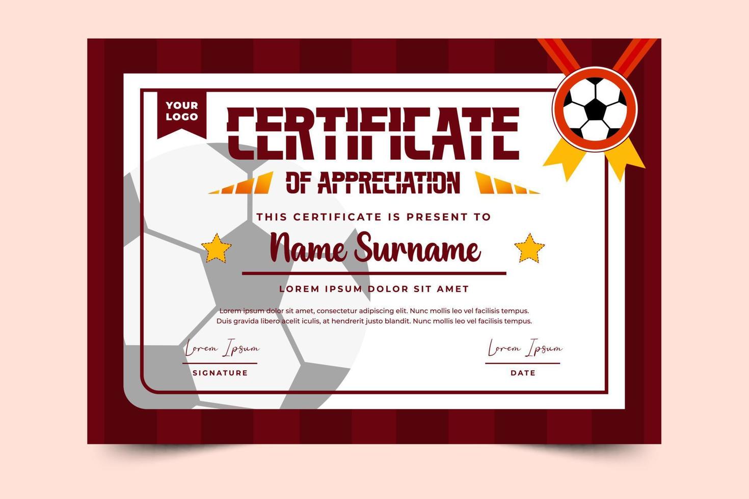 Football tournament sport event certificate design template simple and elegant design vector