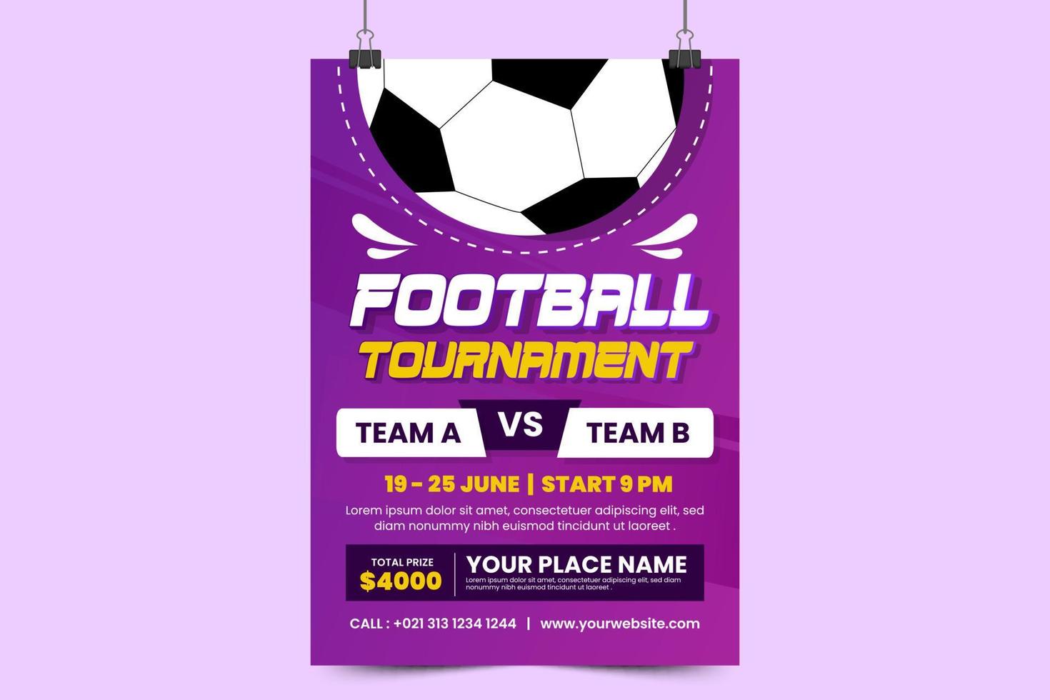 Football tournament sport event poster or flyer design template simple and elegant design vector