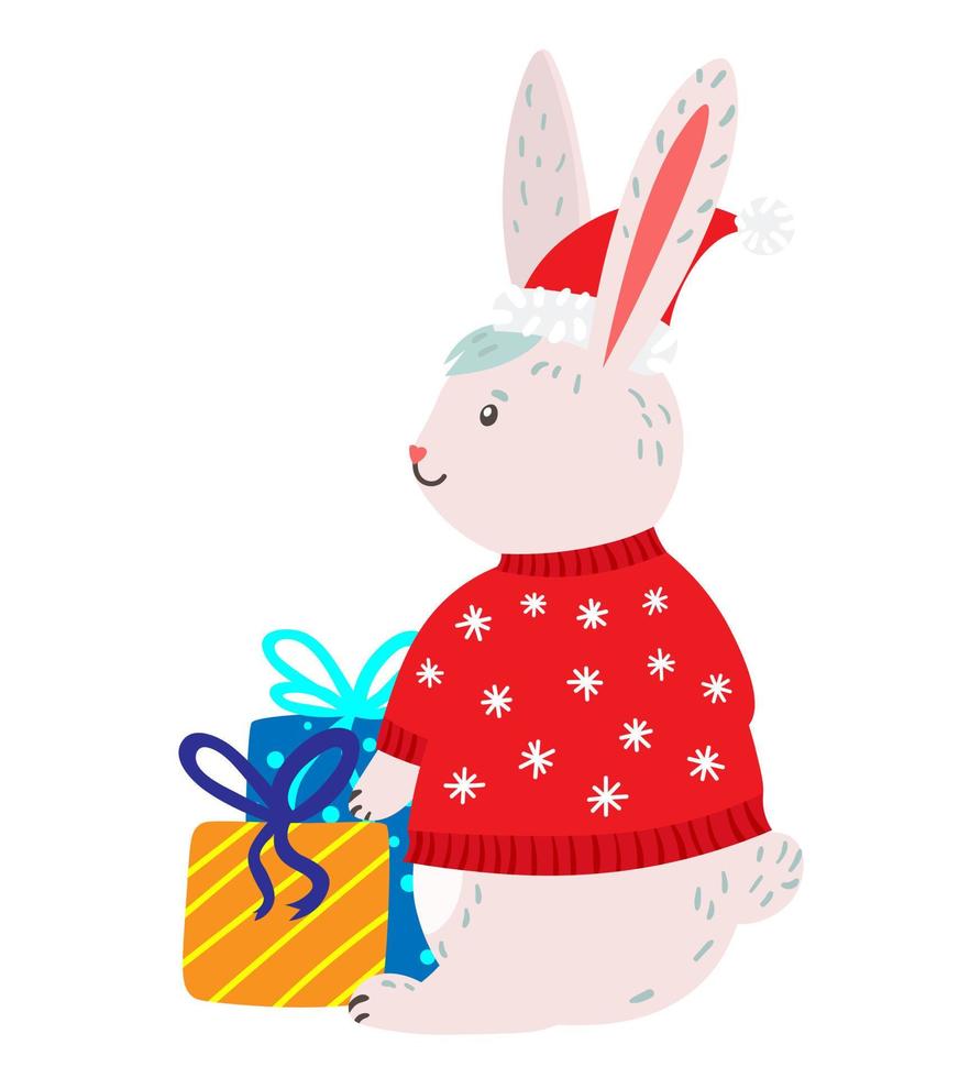 Vector illustration of happy cute Christmas rabbit in Santa New Year clothes and with gifts boxes