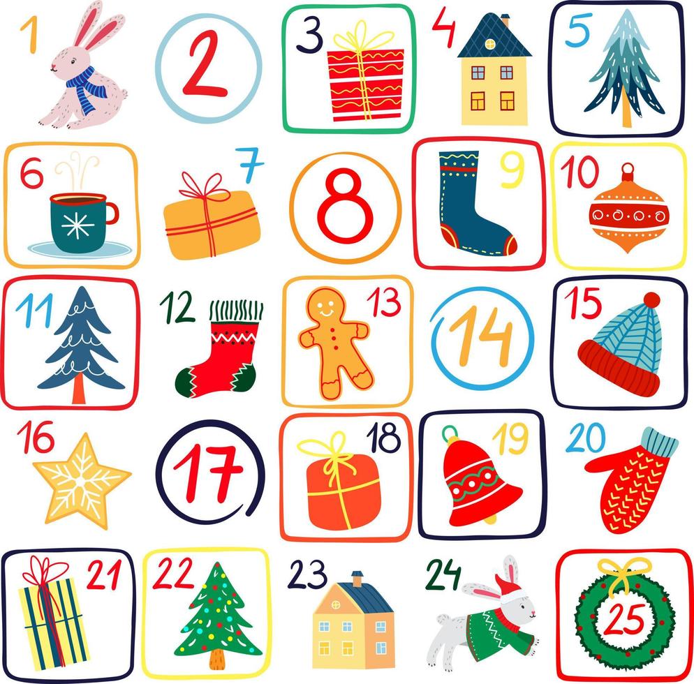 Digital vector advent calendar with isolated items on white background. Advent calendar for Christmas for children and adults